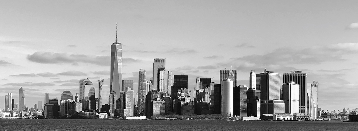 Die Skyline von Downtown Manhattan in schwarz weiss am fruehen Vormittag