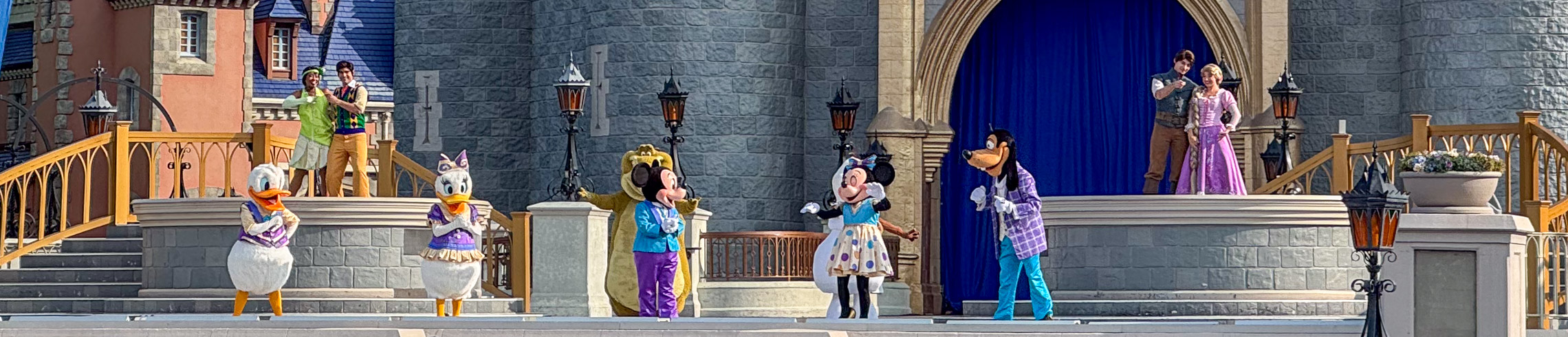 Mickey and his friends in front of the Disney Castle in Magic Kingdom, Orlando, USA