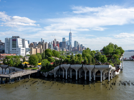 The view from the roof of Pier 57 towards Downtown across the gardens completed in 2021