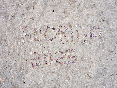 The words Florida 2025 written with shells in the sand