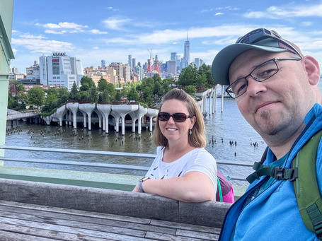 Steffi and I on the roof of the Pier 57 building with a view towards Downtown Manhattan