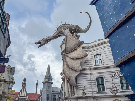The fire-breathing dragon on the roof of Gringotts Bank in Universal Studios Park in Orlando