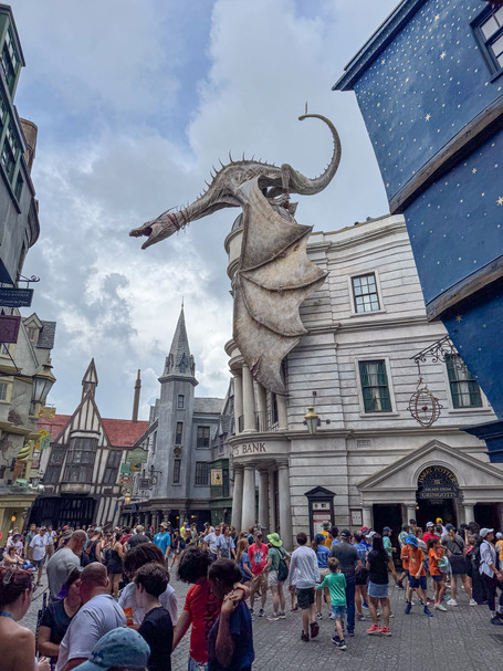 The fire-breathing dragon on the roof of Gringotts Bank in Universal Studios Park in Orlando