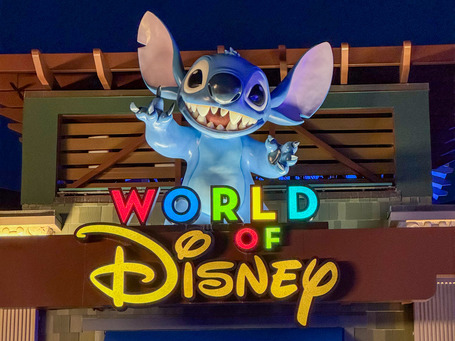 The giant Stitch above the entrance of the Disney Store. Caution, he sprays water