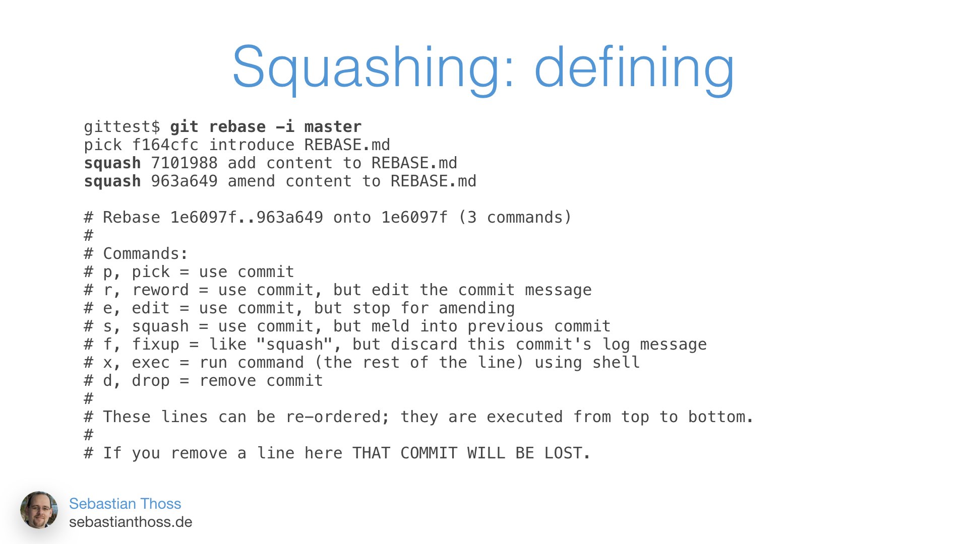 With this slide Sebastian Thoss shows how squashing looks on command line