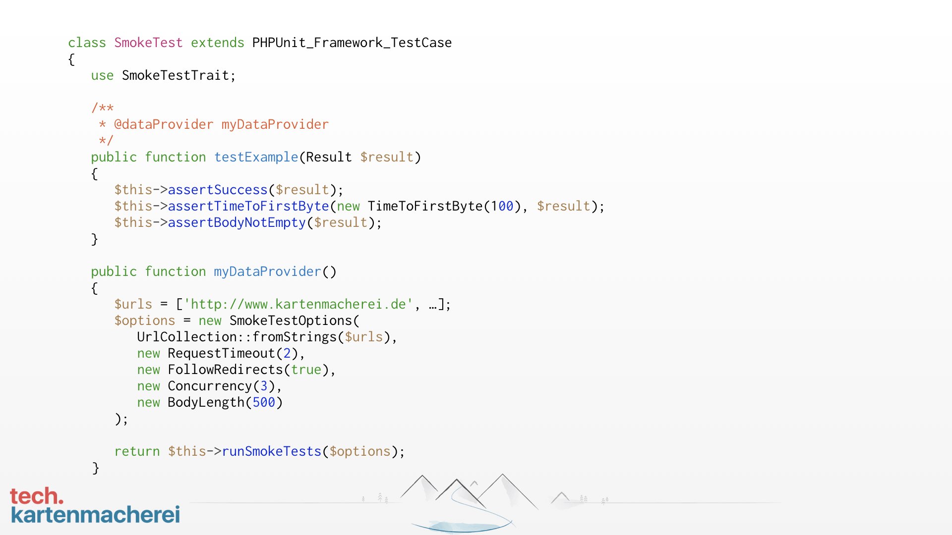 With this slide Sebastian Thoss shows sample code to run SmokeTests with his library